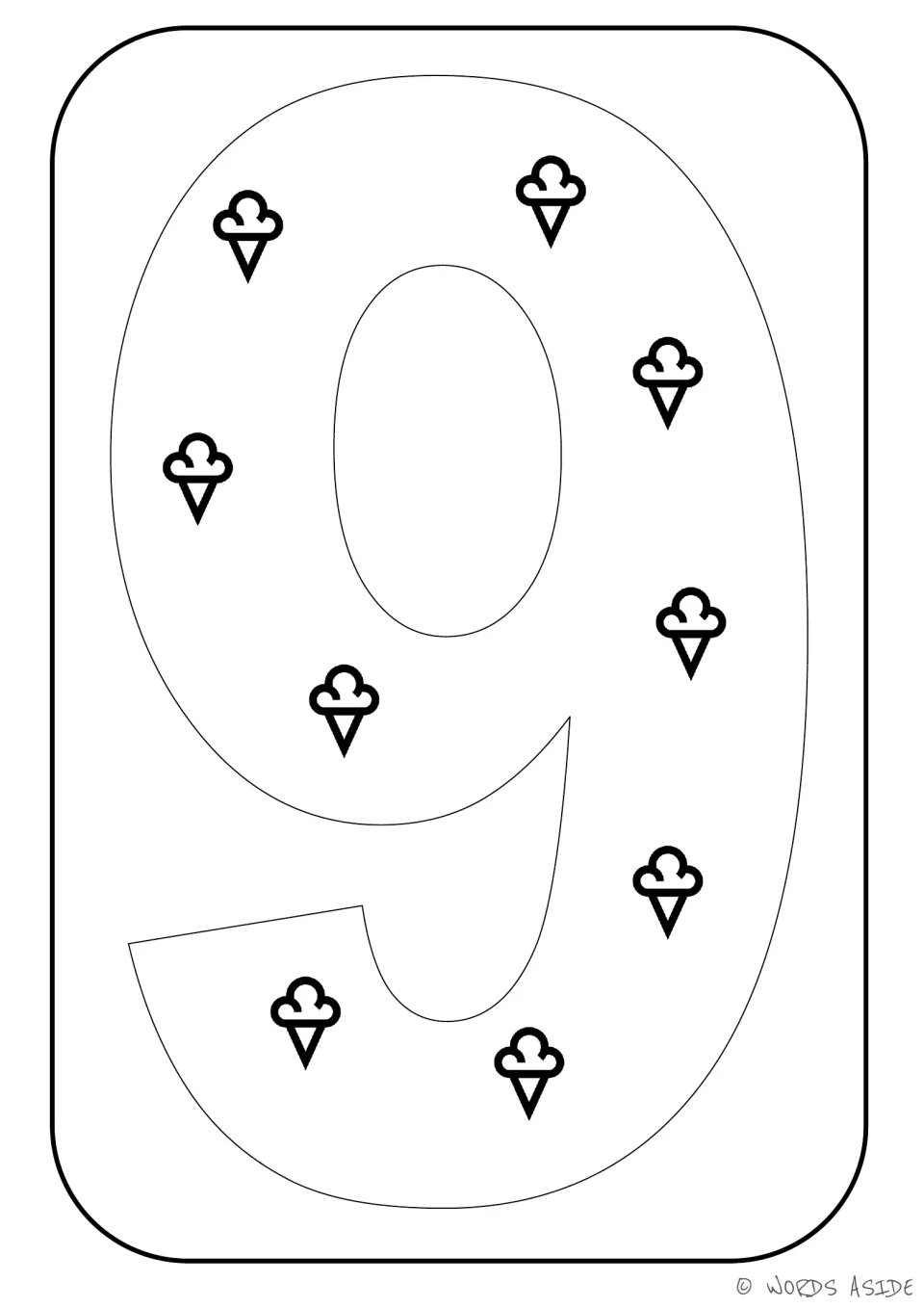 Number representation card 9 of 9: numeral 9 containing nine ice cream cones to represent a quantity of nine.