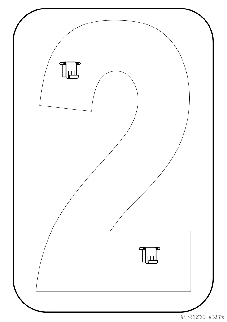 Number representation card 2: numeral 2 with two towel pictures for counting and matching quantity to symbol.