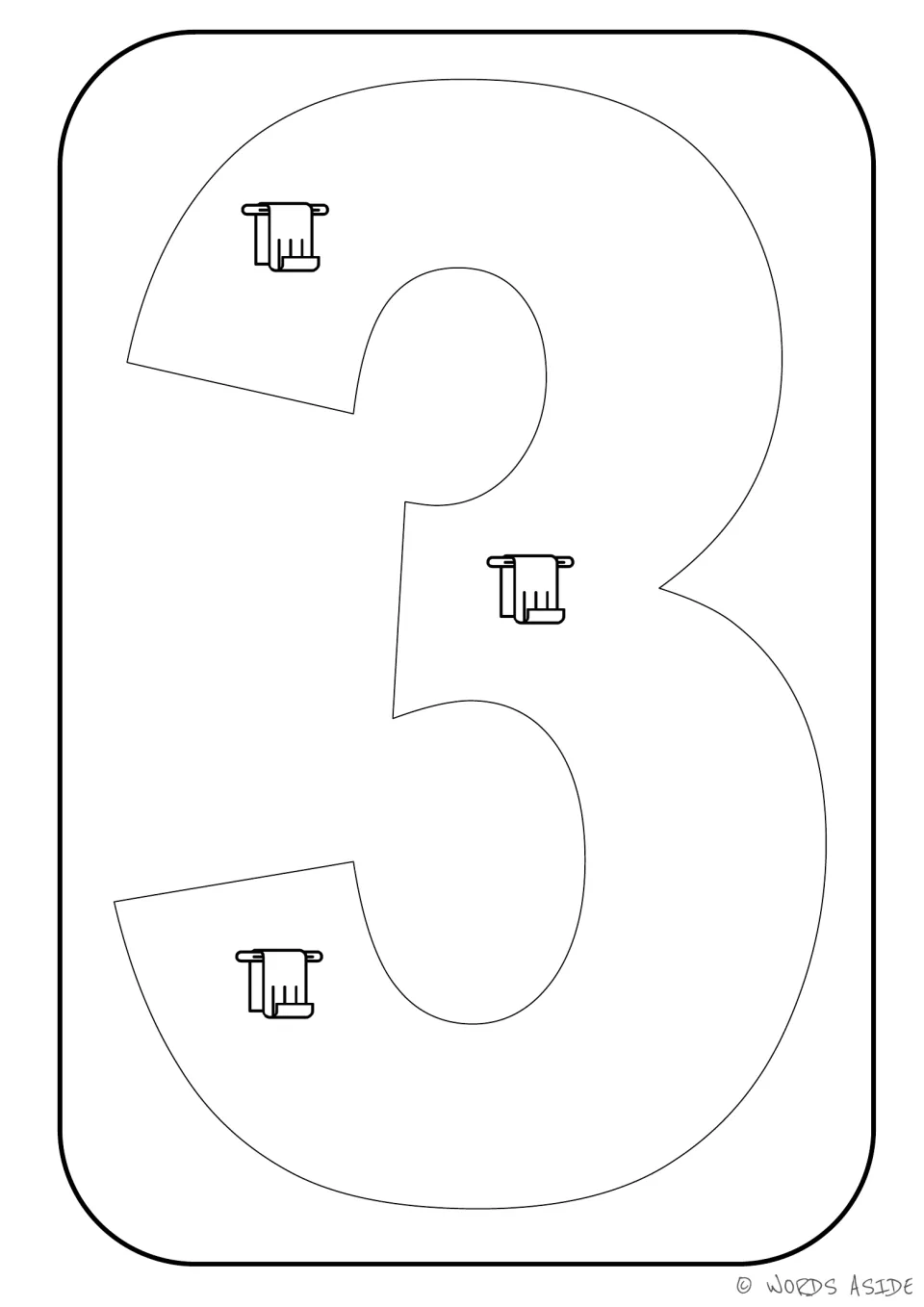 Number representation card 3: numeral 3 with three towel pictures for counting and matching quantity to symbol.