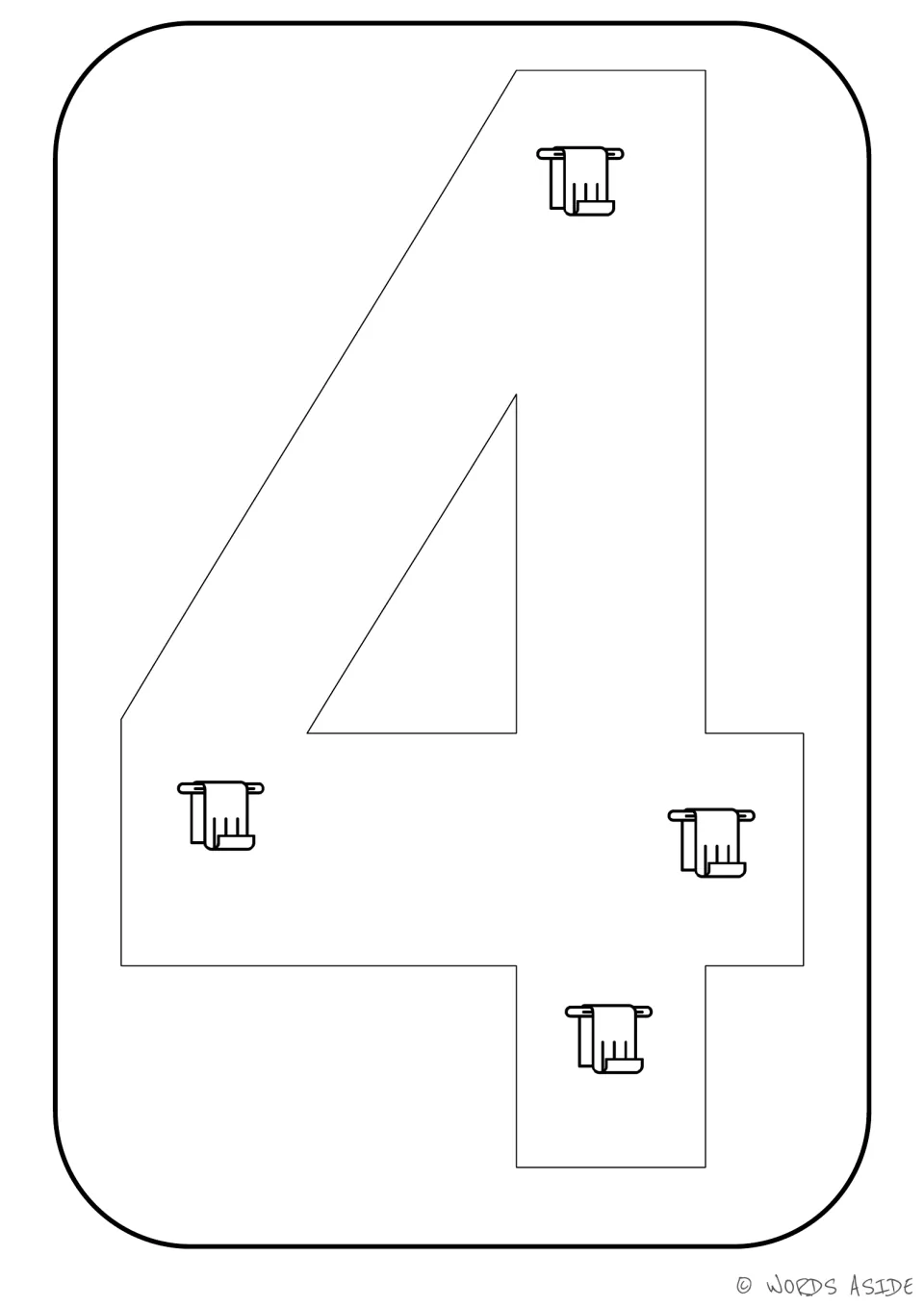 Number representation card 4: numeral 4 with four towel pictures for counting and matching quantity to symbol.
