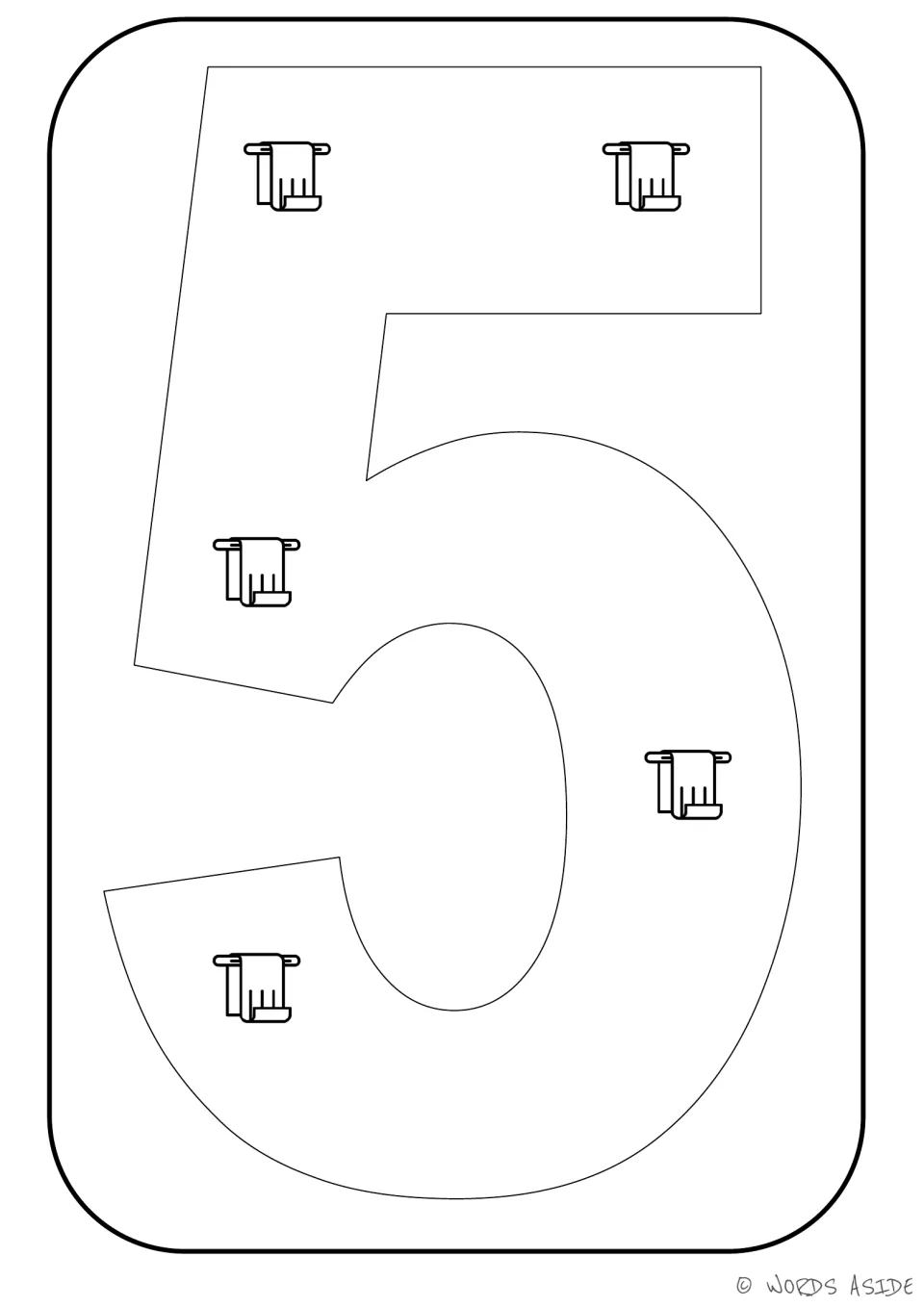Number representation card 5: numeral 5 with five towel pictures for counting and matching quantity to symbol.