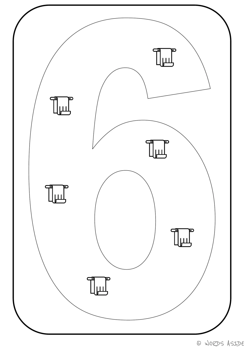 Number representation card 6: numeral 6 with six towel pictures for counting and matching quantity to symbol.