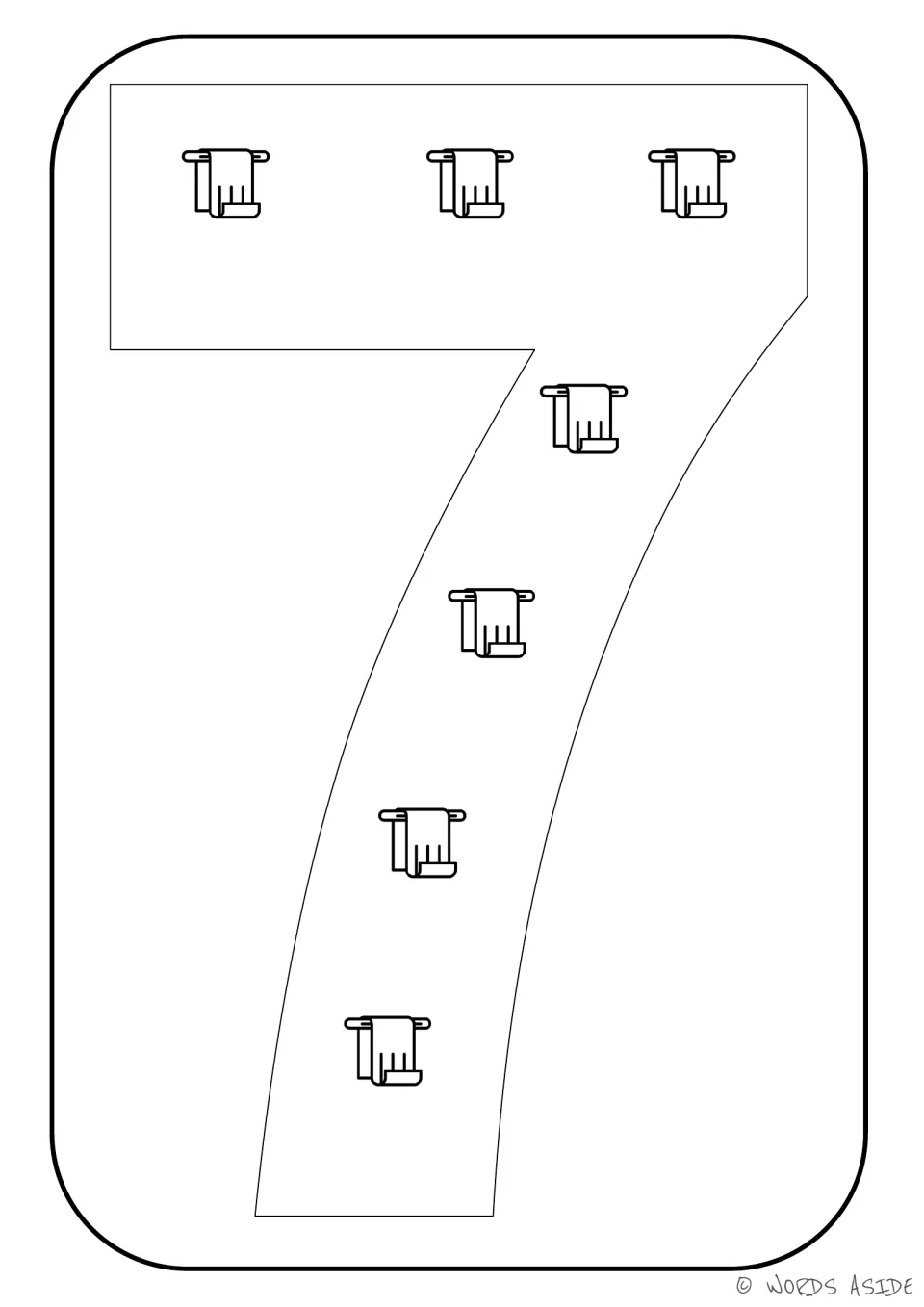 Number representation card 7: numeral 7 with seven towel pictures for counting and matching quantity to symbol.