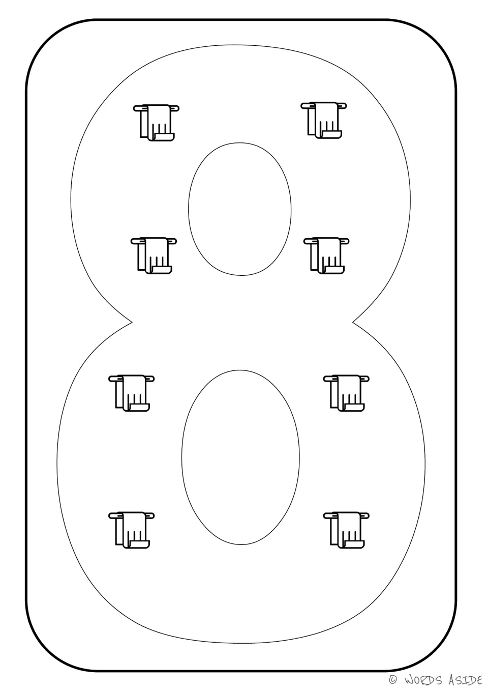 Number representation card 8: numeral 8 with eight towel pictures for counting and matching quantity to symbol.