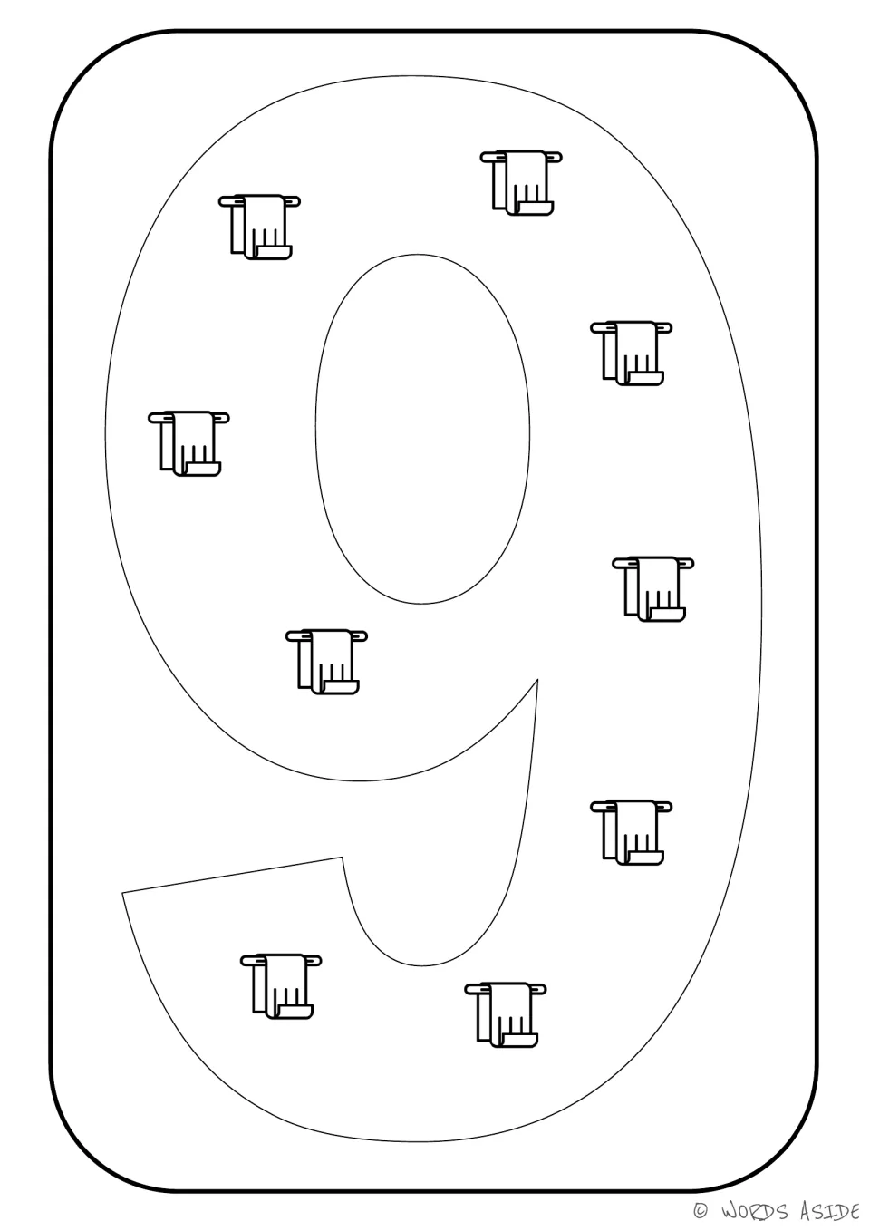 Number representation card 9: numeral 9 with nine towel pictures for counting and matching quantity to symbol.