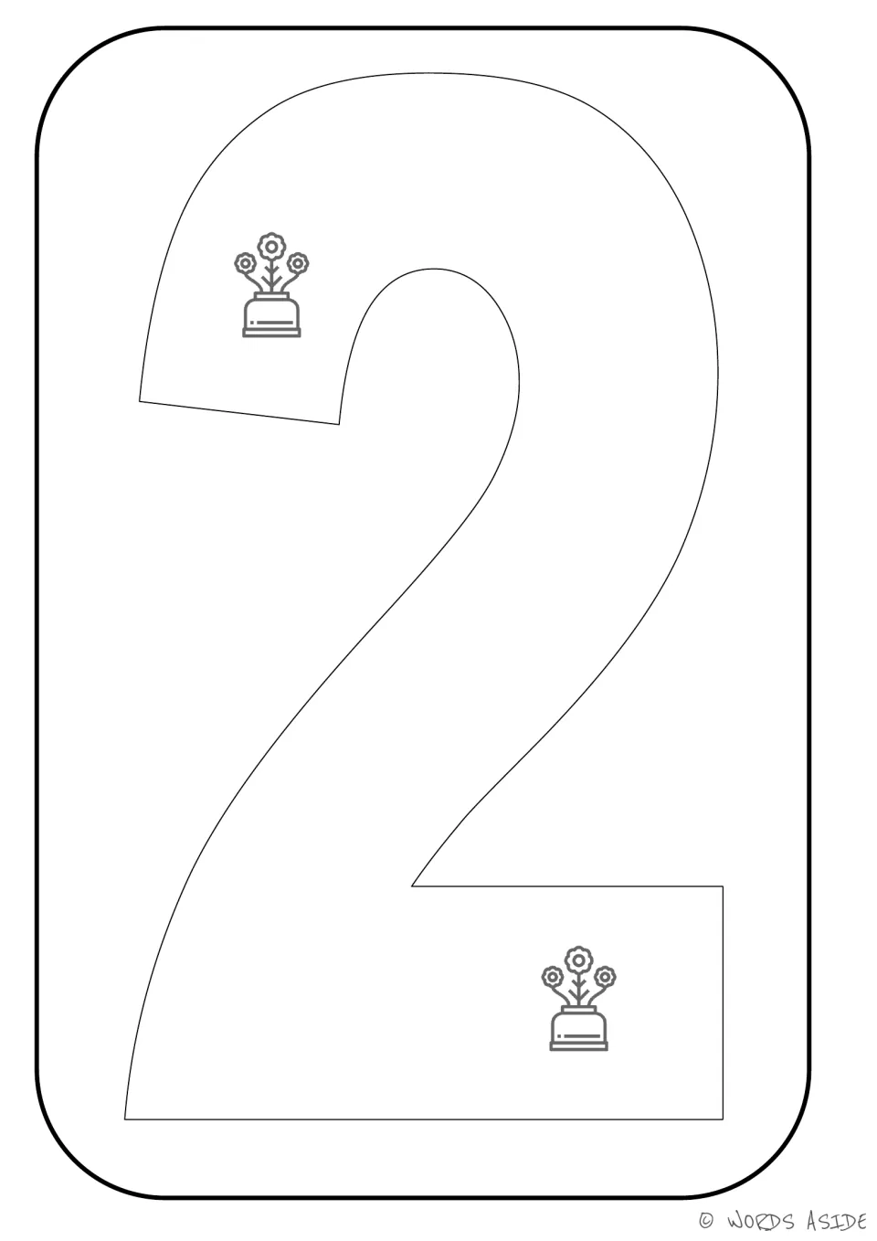 Number representation card 2: numeral 2 and two flowerpots for matching a number symbol to a quantity.
