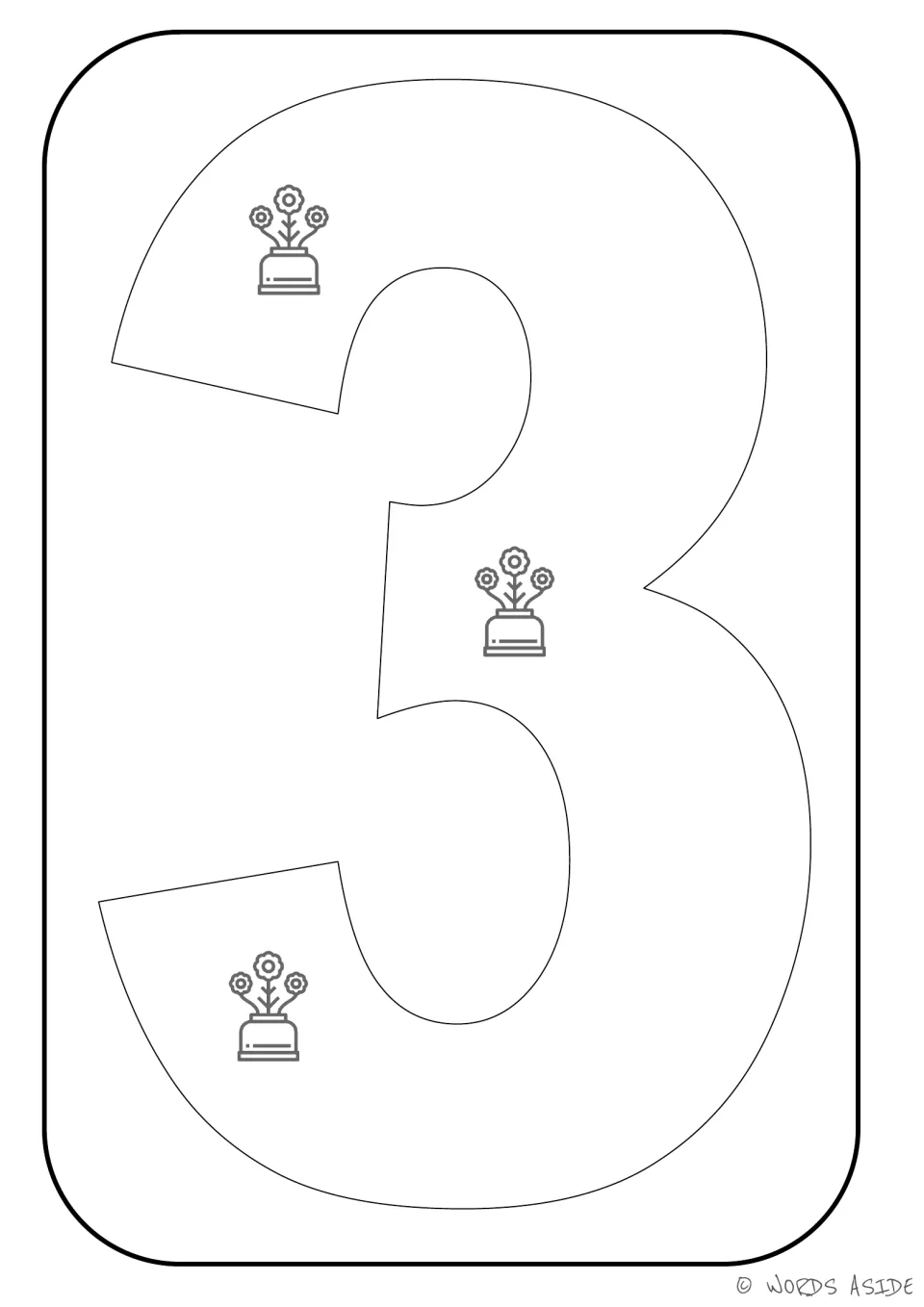 Number representation card 3: numeral 3 and three flowerpots for matching a number symbol to a quantity.