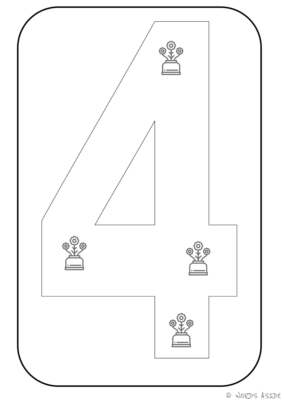 Number representation card 4: numeral 4 and four flowerpots for matching a number symbol to a quantity.