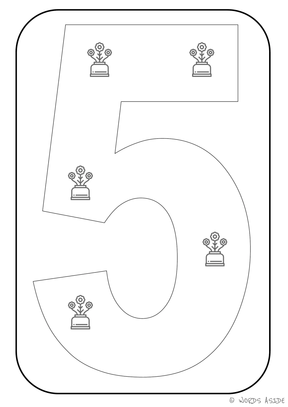 Number representation card 5: numeral 5 and five flowerpots for matching a number symbol to a quantity.