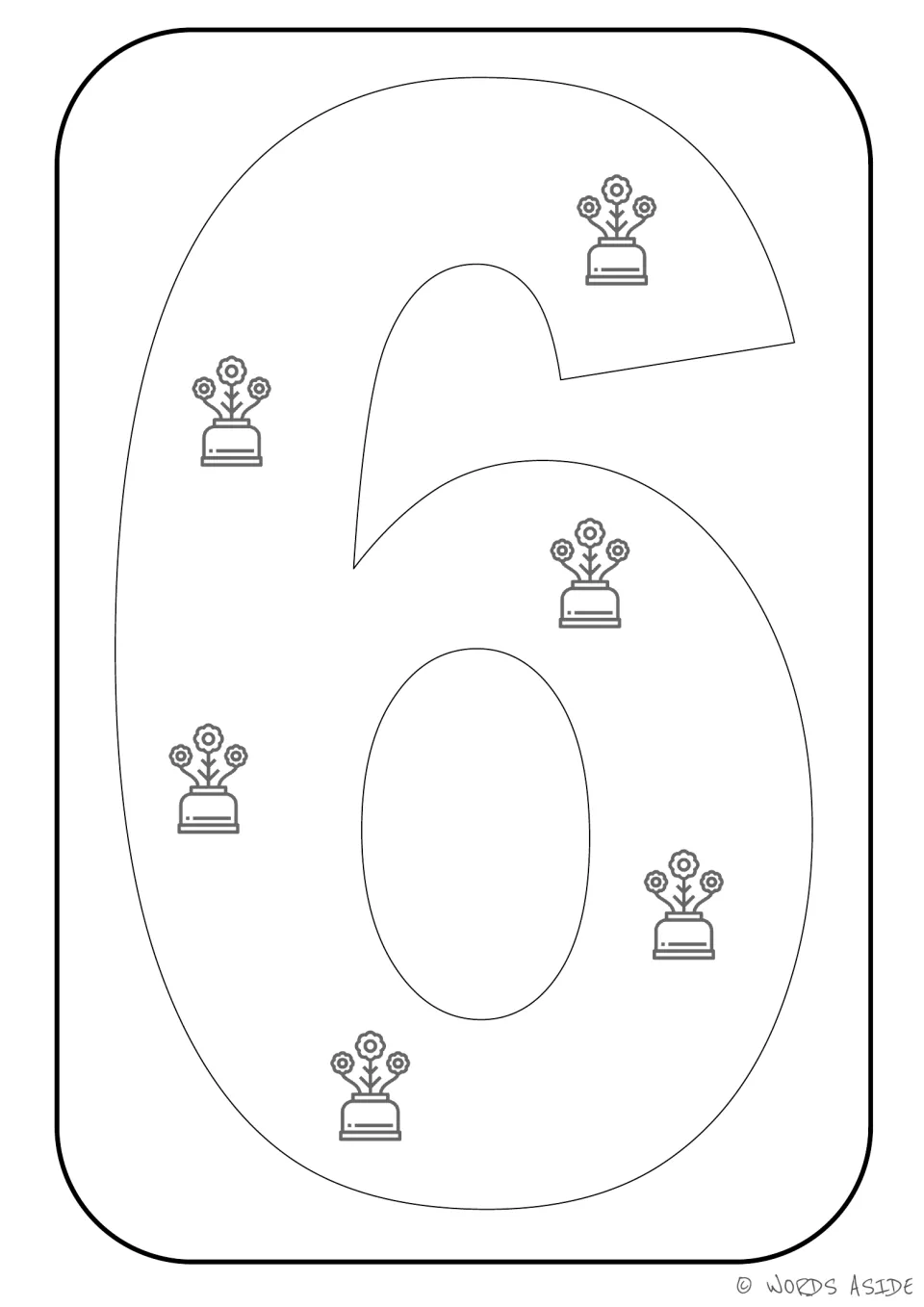Number representation card 6: numeral 6 and six flowerpots for matching a number symbol to a quantity.