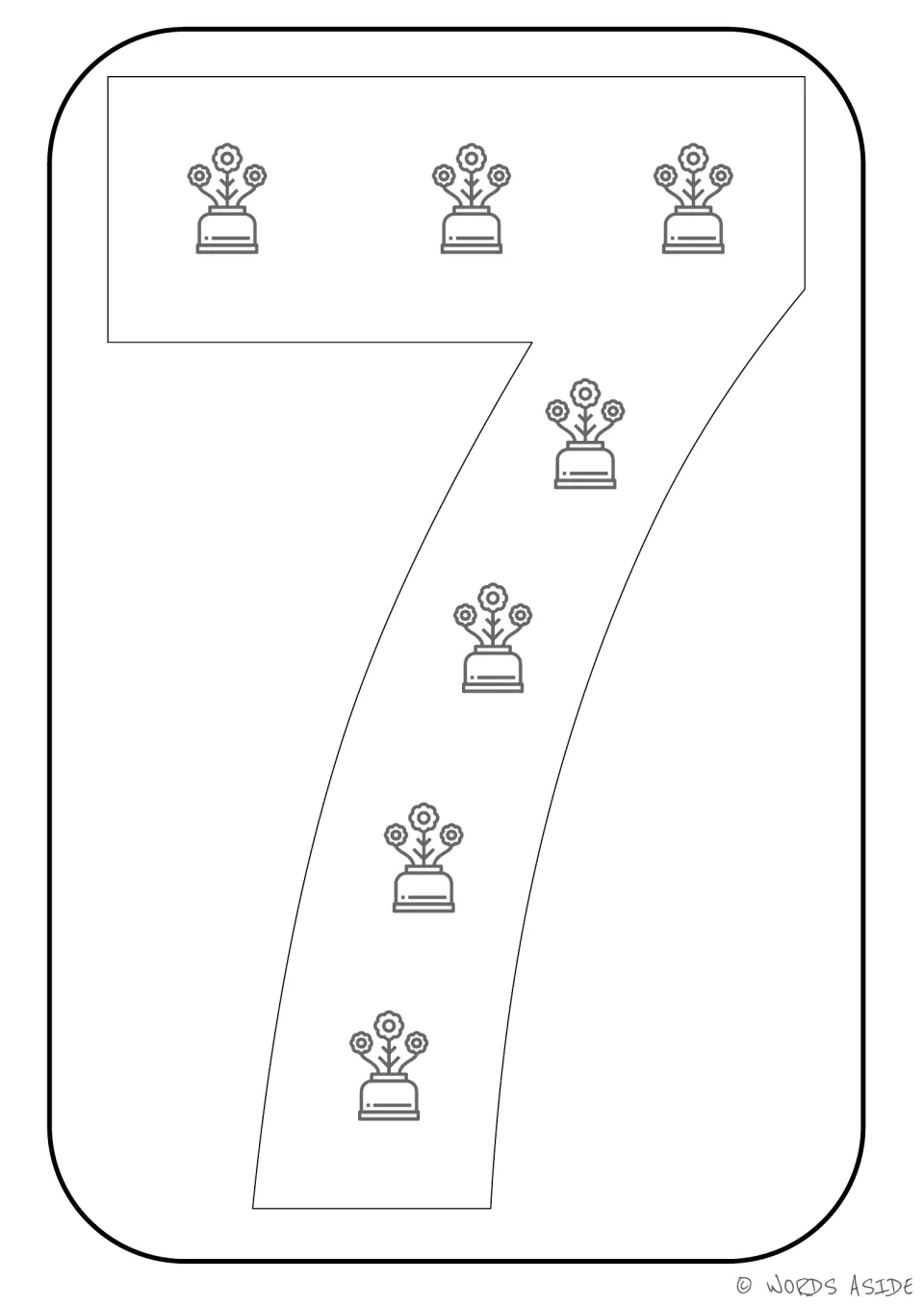 Number representation card 7: numeral 7 and seven flowerpots for matching a number symbol to a quantity.