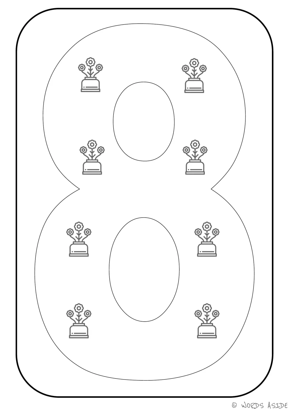 Number representation card 8: numeral 8 and eight flowerpots for matching a number symbol to a quantity.