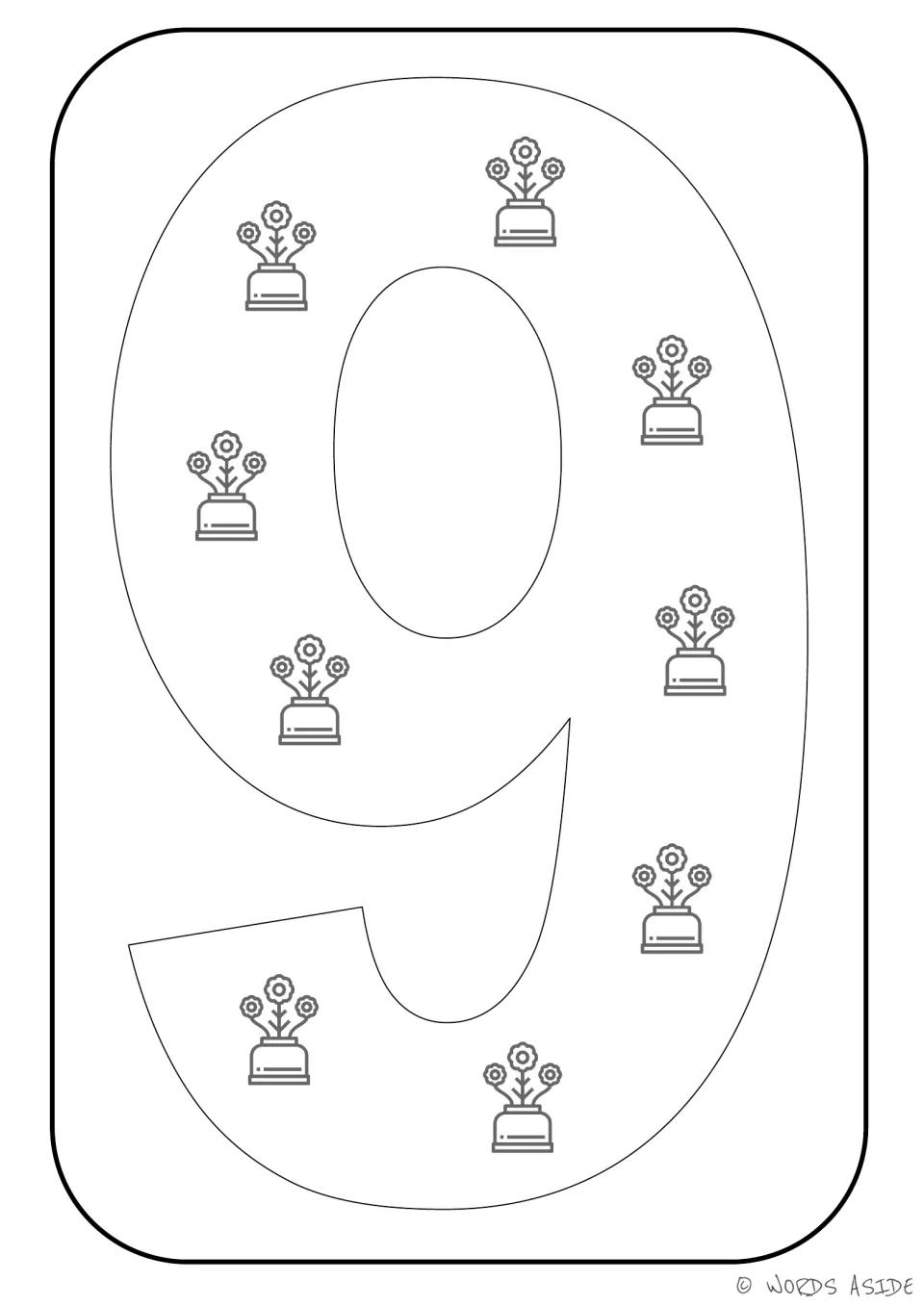Number representation card 9: numeral 9 and nine flowerpots for matching a number symbol to a quantity.
