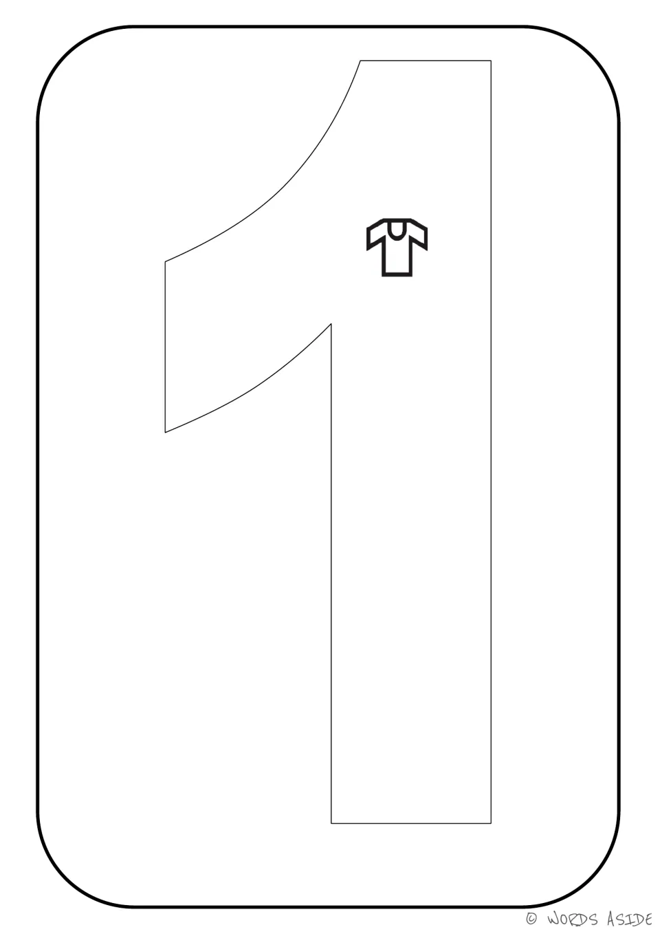 Number representation card 1 of 9: outlined numeral 1 containing one T-shirt to represent a quantity of 1.