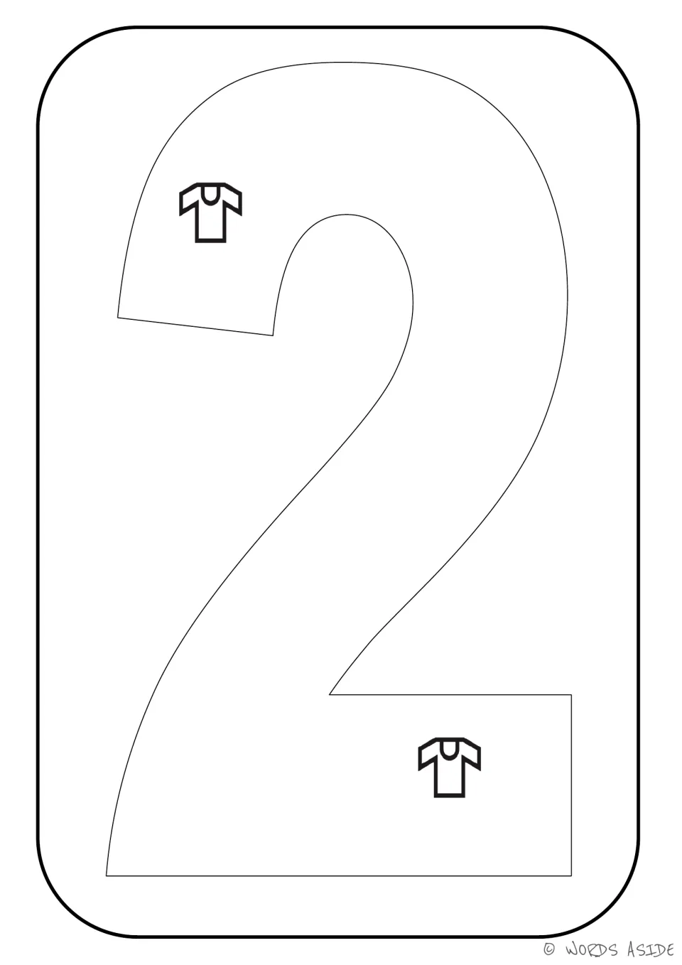 Number representation card 2 of 9: outlined numeral 2 containing two T-shirts to represent a quantity of 2.