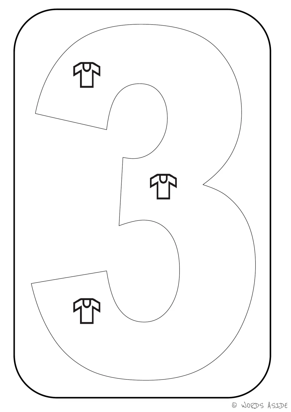 Number representation card 3 of 9: outlined numeral 3 containing three T-shirts to represent a quantity of 3.