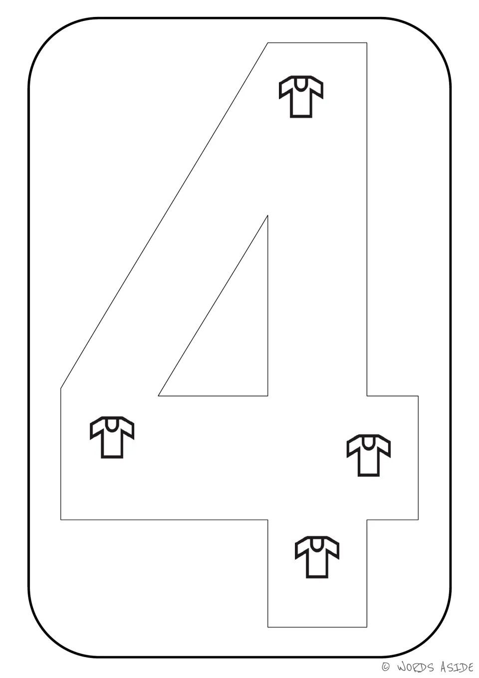 Number representation card 4 of 9: outlined numeral 4 containing four T-shirts to represent a quantity of 4.