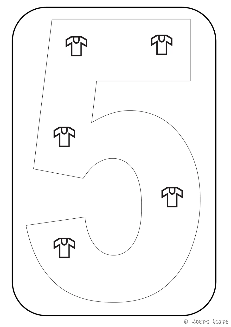 Number representation card 5 of 9: outlined numeral 5 containing five T-shirts to represent a quantity of 5.