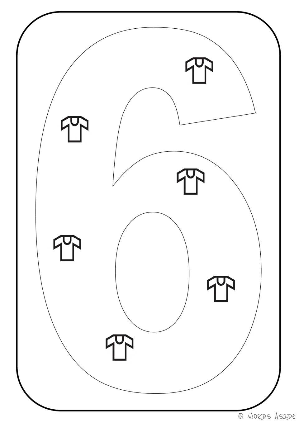 Number representation card 6 of 9: outlined numeral 6 containing six T-shirts to represent a quantity of 6.