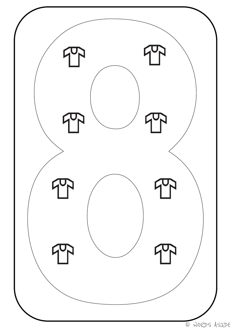 Number representation card 8 of 9: outlined numeral 8 containing eight T-shirts to represent a quantity of 8.