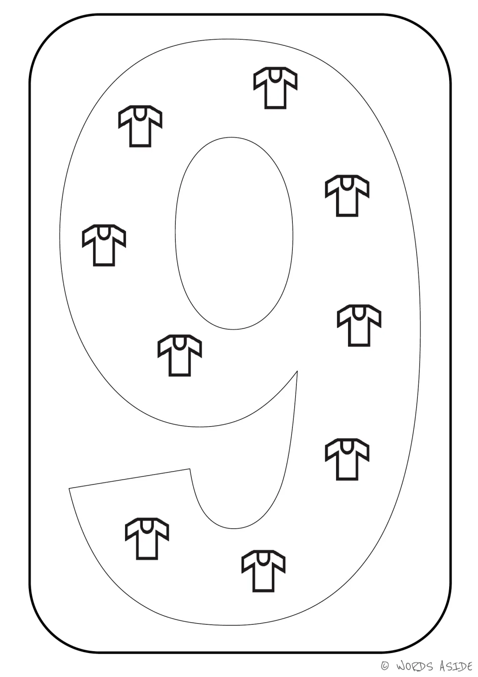 Number representation card 9 of 9: outlined numeral 9 containing nine T-shirts to represent a quantity of 9.