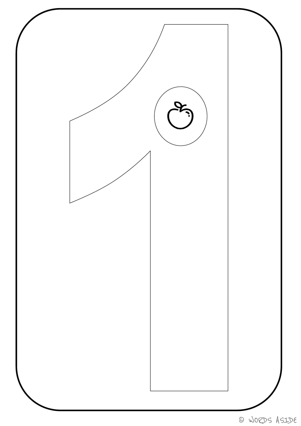 Number representation card 1: outlined numeral 1 containing one apple to show the matching quantity.