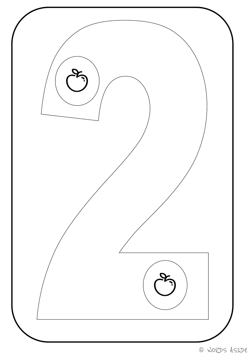 Number representation card 2: outlined numeral 2 containing two apples to show the matching quantity.
