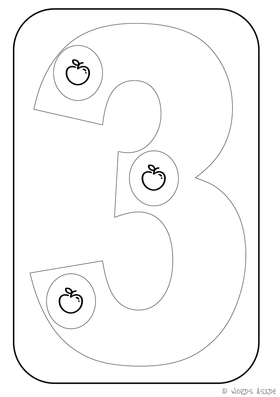 Number representation card 3: outlined numeral 3 containing three apples to show the matching quantity.