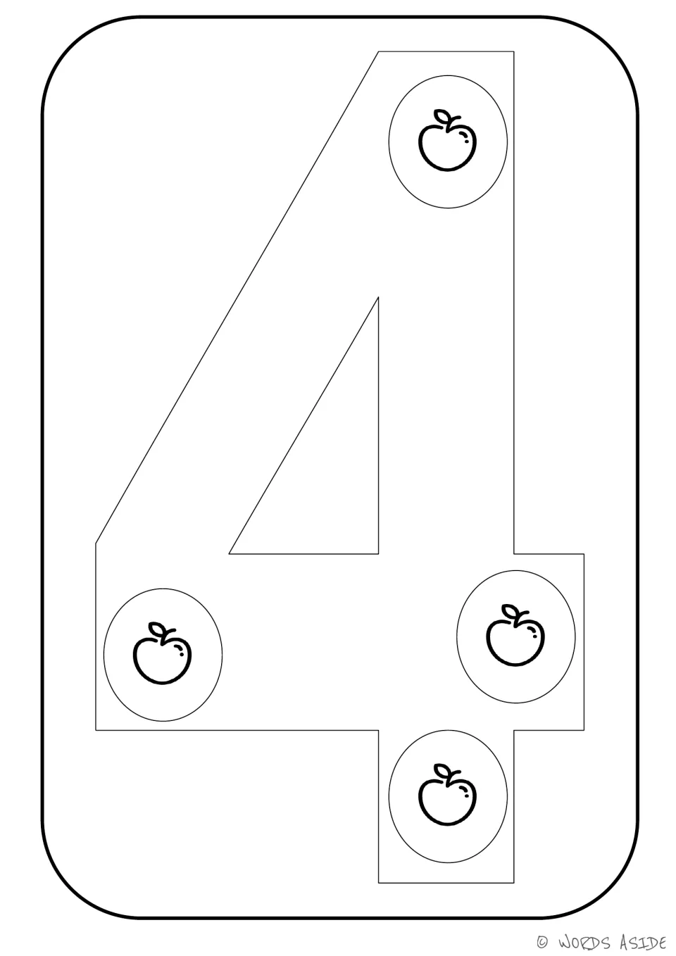 Number representation card 4: outlined numeral 4 containing four apples to show the matching quantity.