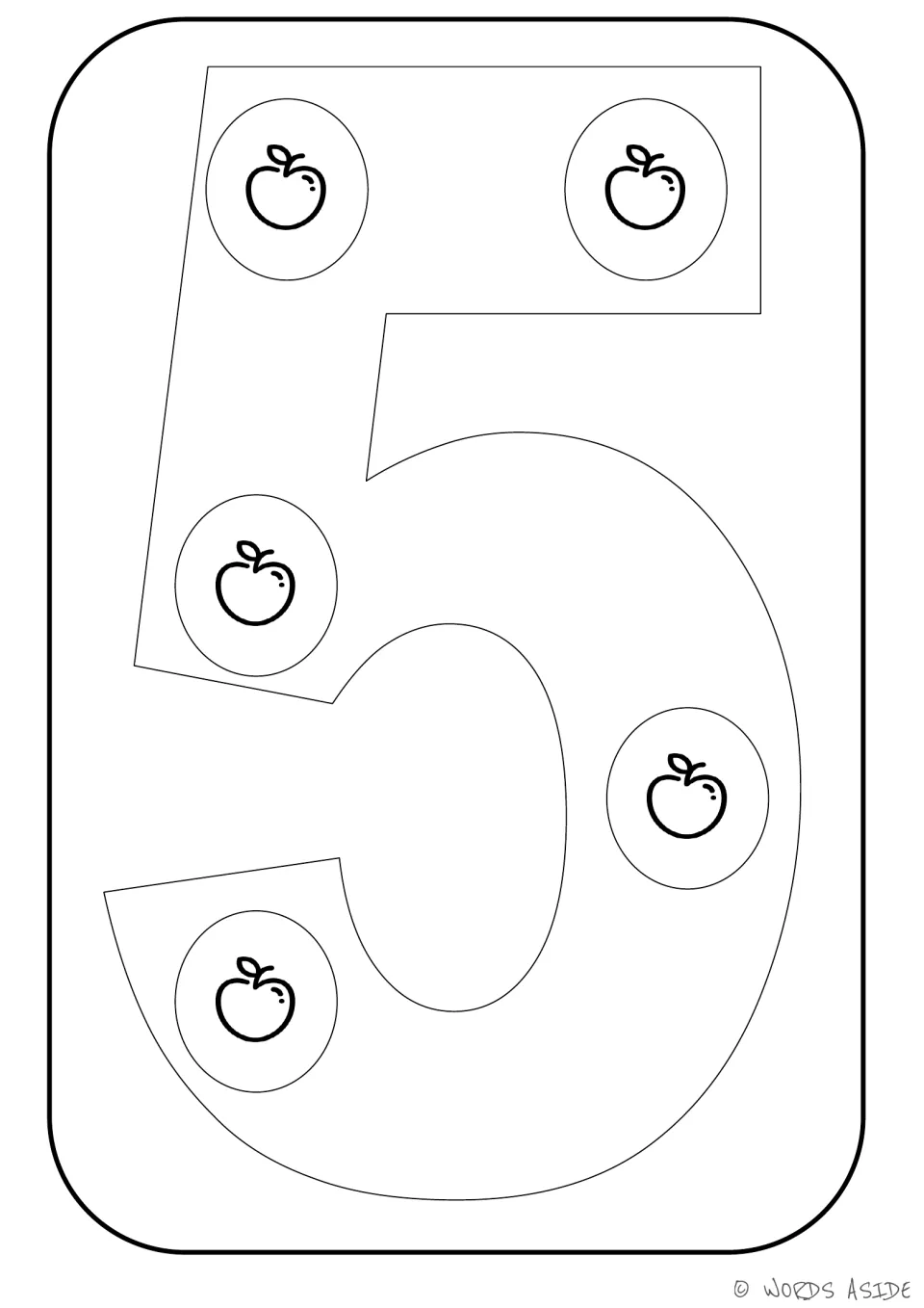 Number representation card 5: outlined numeral 5 containing five apples to show the matching quantity.