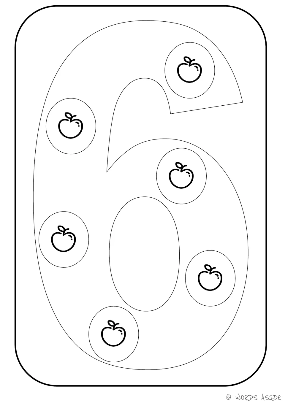 Number representation card 6: outlined numeral 6 containing six apples to show the matching quantity.