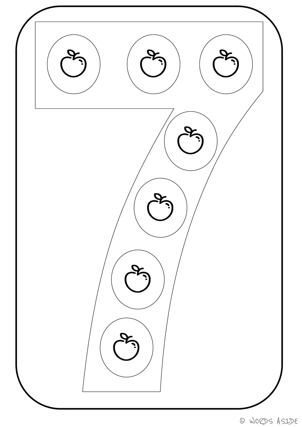 Number representation card 7: outlined numeral 7 containing seven apples to show the matching quantity.