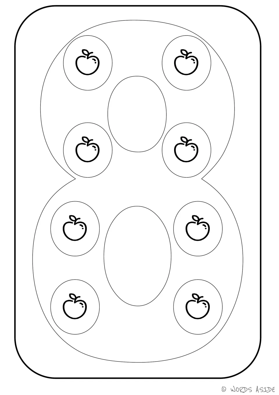 Number representation card 8: outlined numeral 8 containing eight apples to show the matching quantity.
