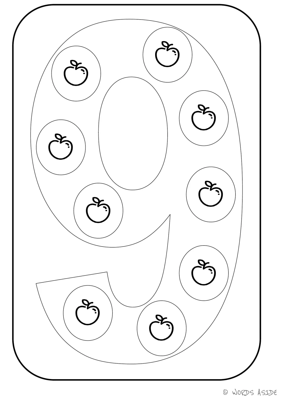 Number representation card 9: outlined numeral 9 containing nine apples to show the matching quantity.