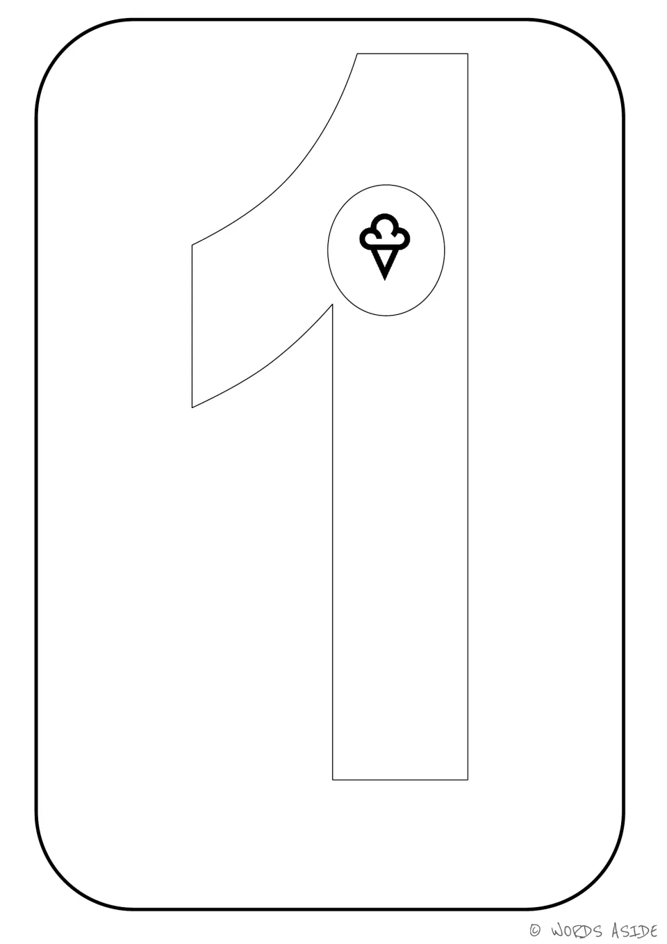 Number representation card 1: outlined numeral 1 with one ice cream cone to color for counting practice.