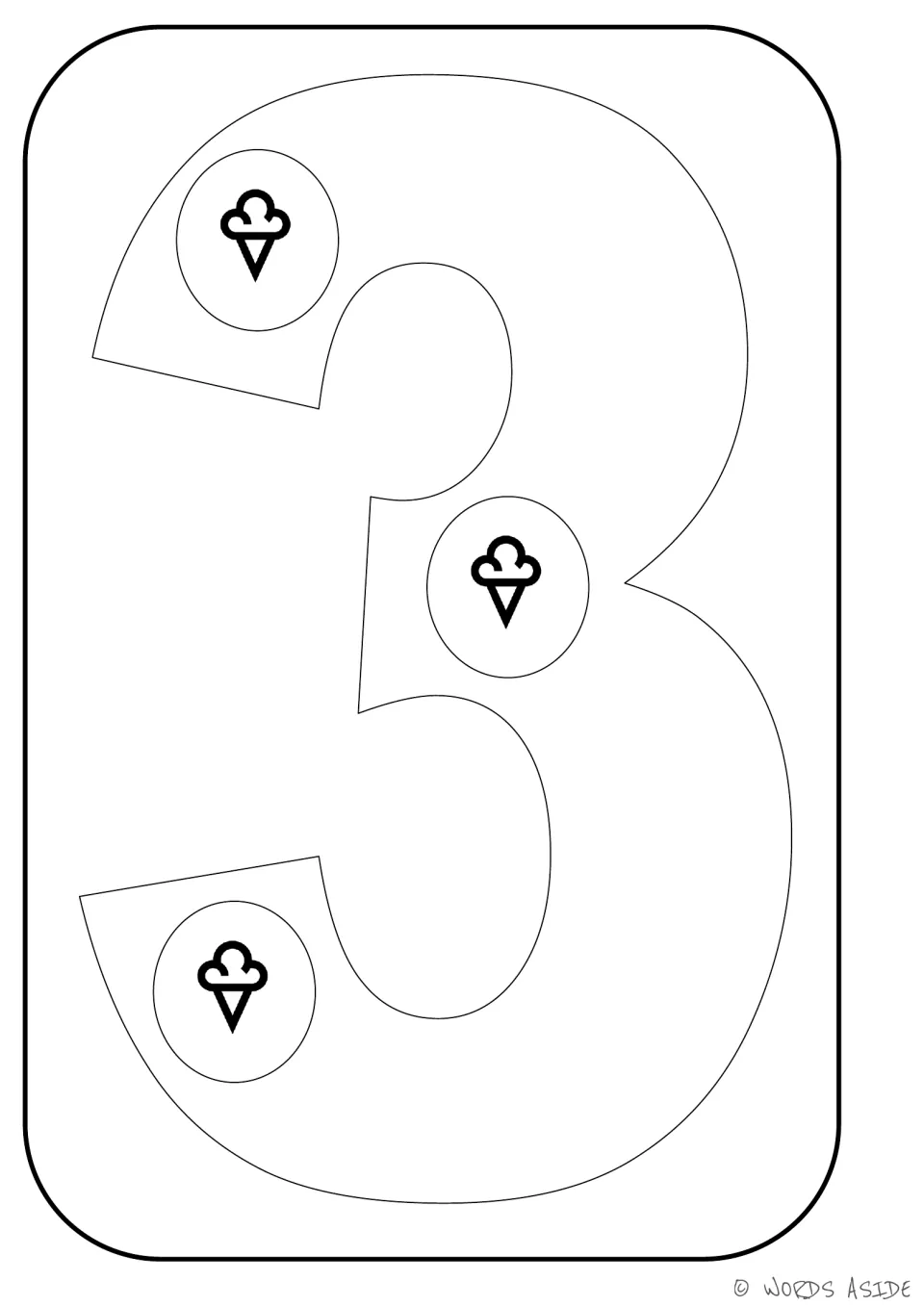 Number representation card 3: outlined numeral 3 with three ice cream cones to color for counting practice.