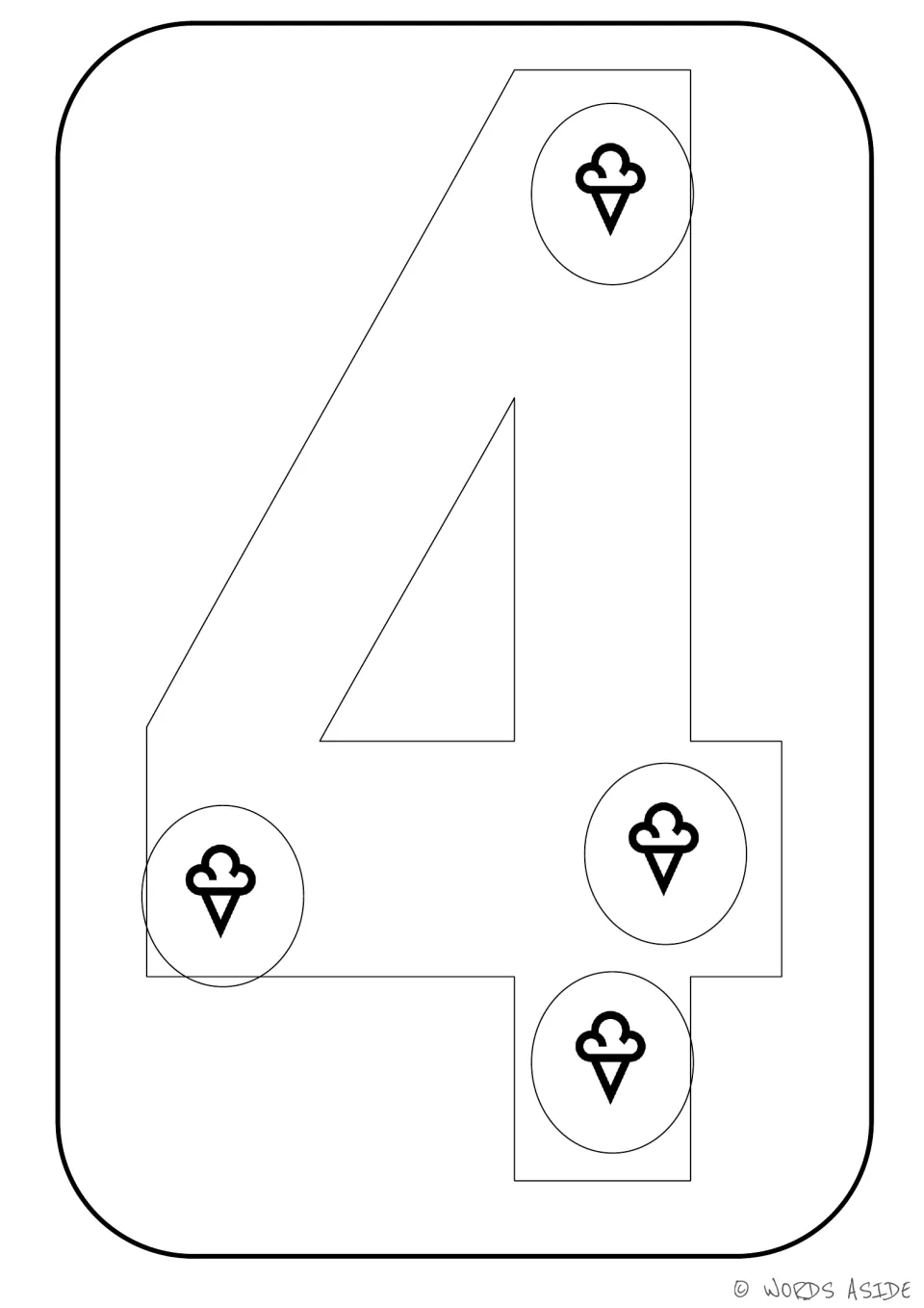 Number representation card 4: outlined numeral 4 with four ice cream cones to color for counting practice.