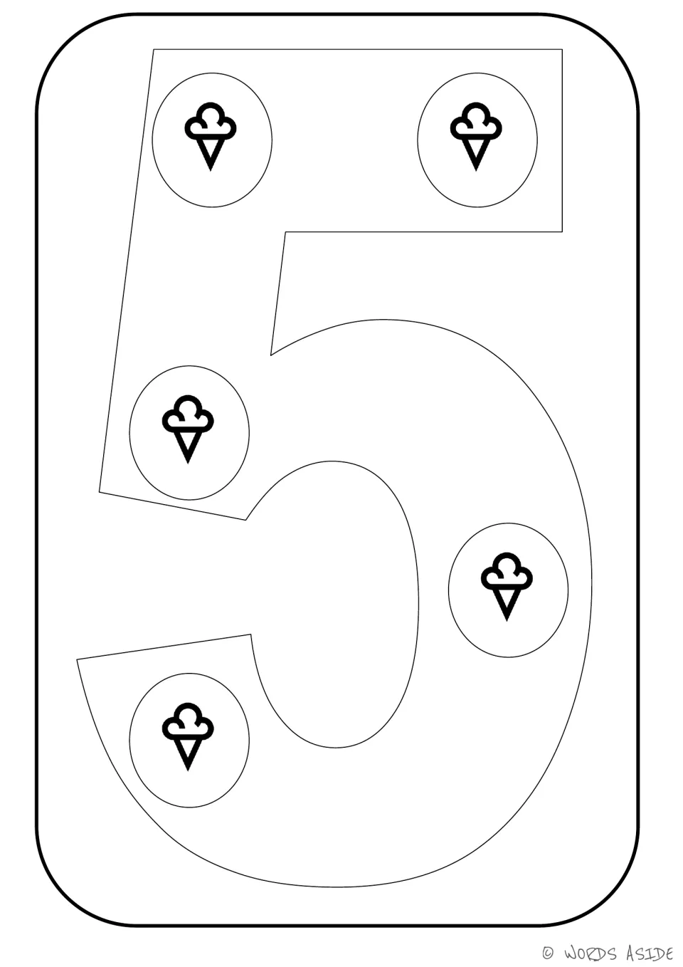Number representation card 5: outlined numeral 5 with five ice cream cones to color for counting practice.