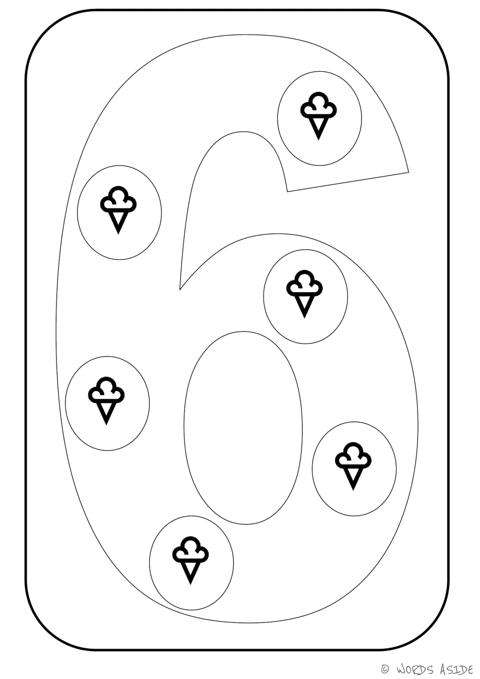 Number representation card 6: outlined numeral 6 with six ice cream cones to color for counting practice.