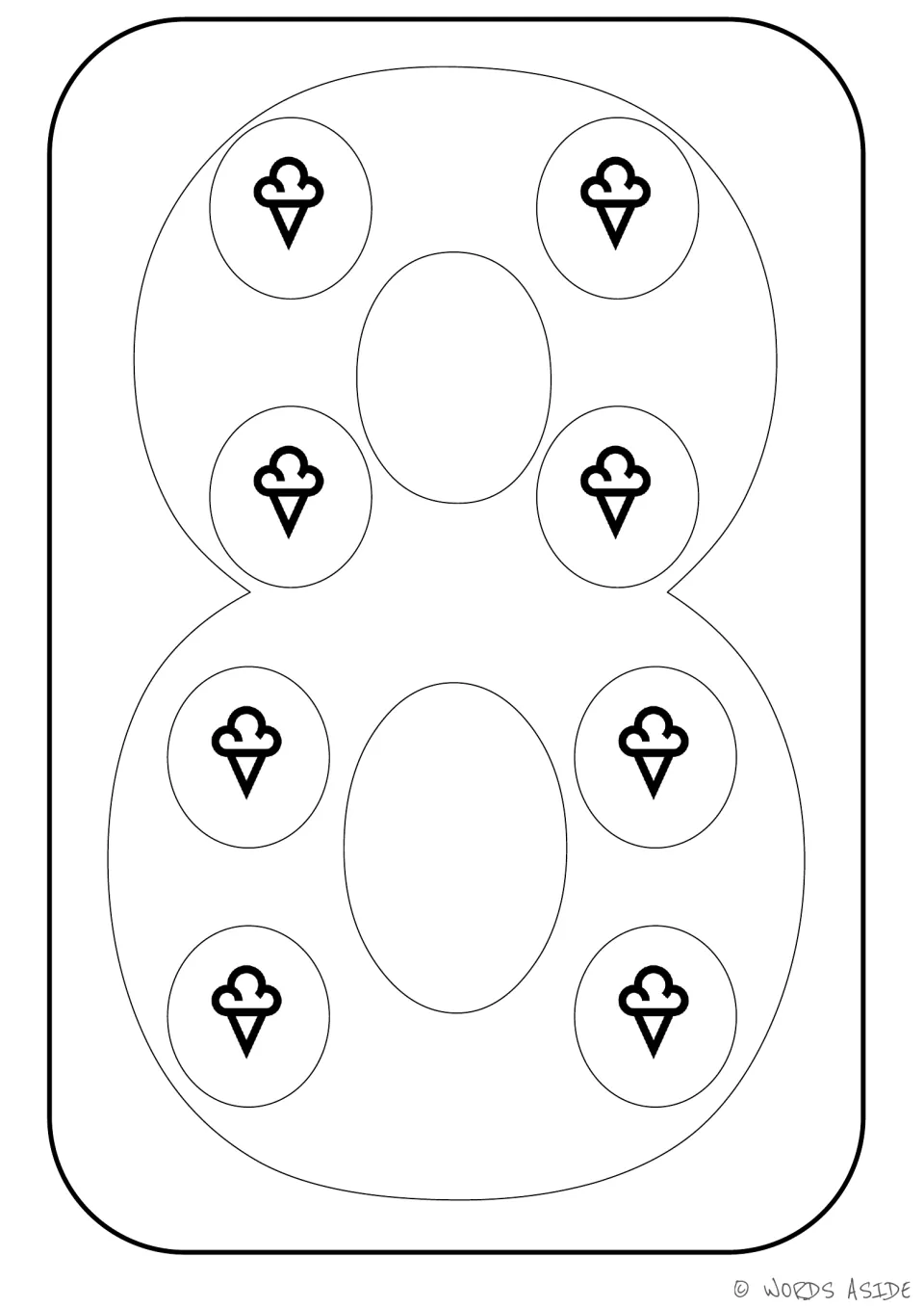 Number representation card 8: outlined numeral 8 with eight ice cream cones to color for counting practice.
