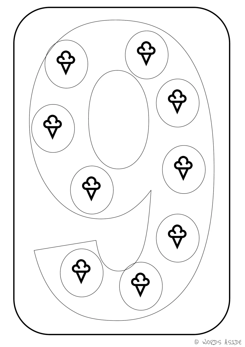 Number representation card 9: outlined numeral 9 with nine ice cream cones to color for counting practice.