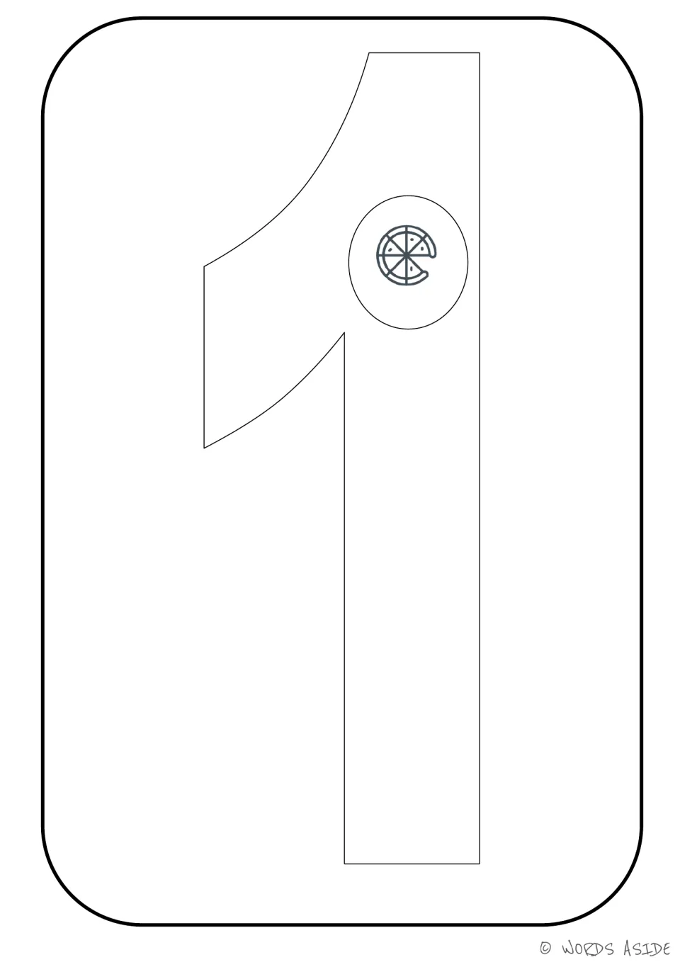 Number representation card 1: large numeral 1 with one pizza picture to count and color in the 1–9 set.