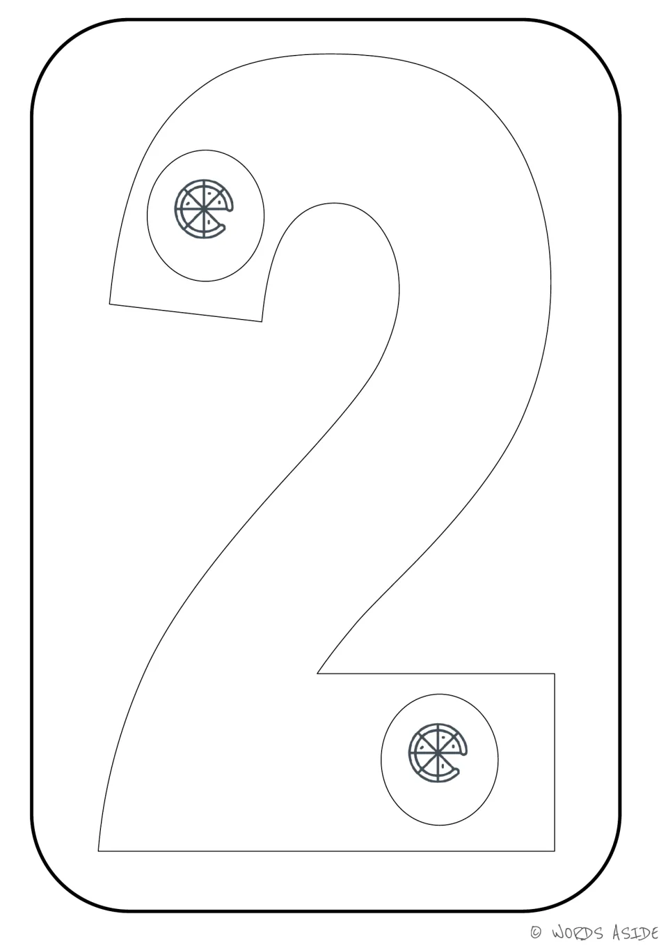 Number representation card 2: large numeral 2 with two pizza pictures to count and color in the 1–9 set.