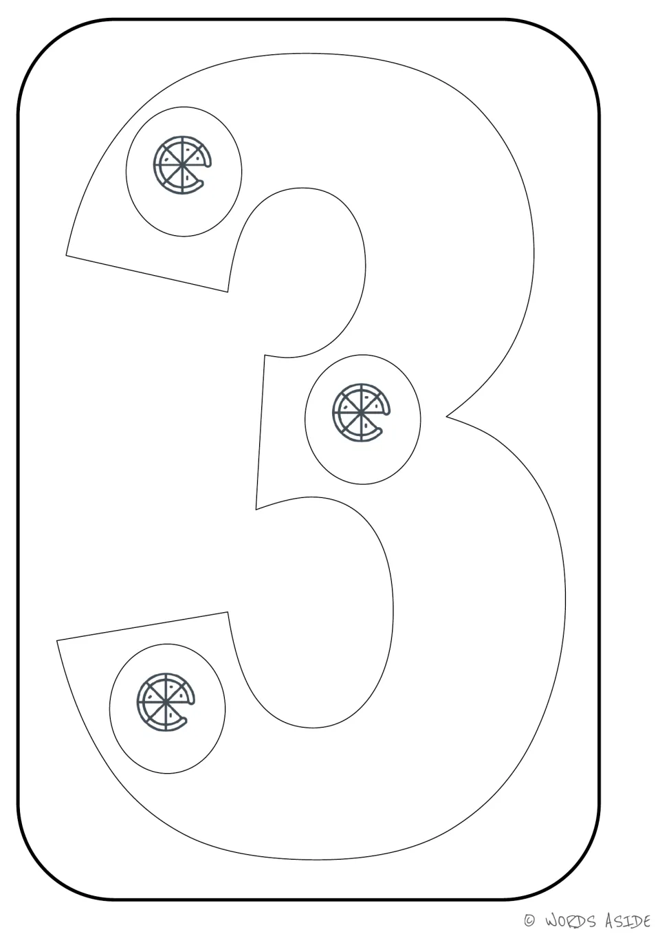 Number representation card 3: large numeral 3 with three pizza pictures to count and color in the 1–9 set.