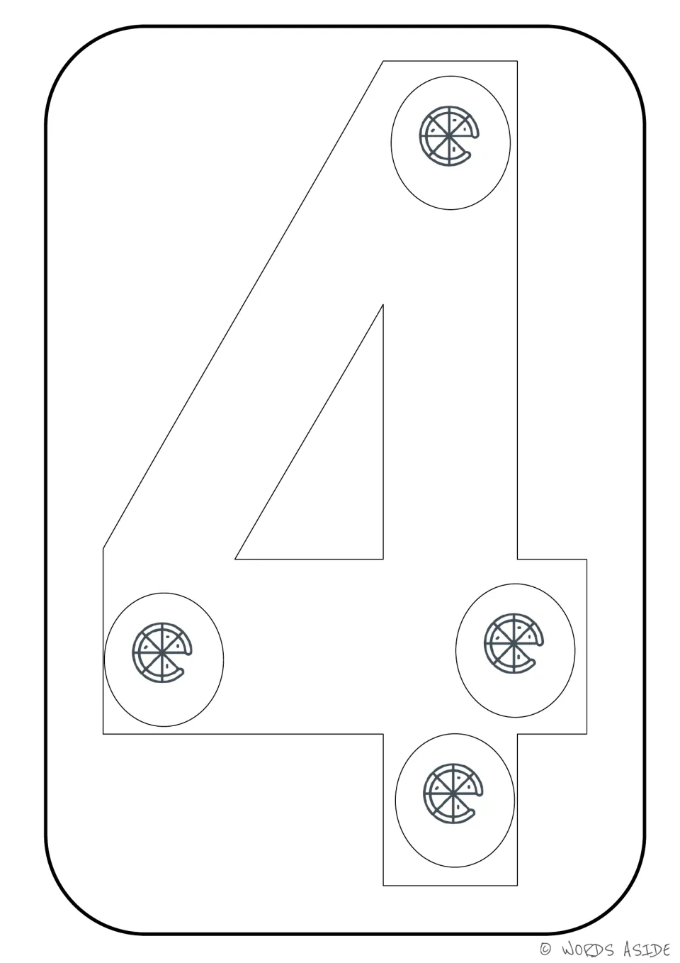Number representation card 4: large numeral 4 with four pizza pictures to count and color in the 1–9 set.