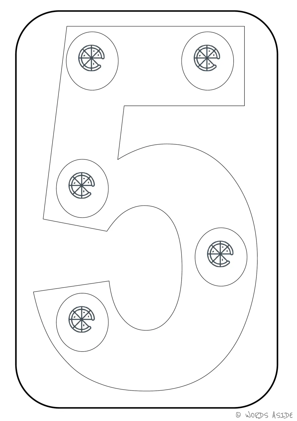 Number representation card 5: large numeral 5 with five pizza pictures to count and color in the 1–9 set.