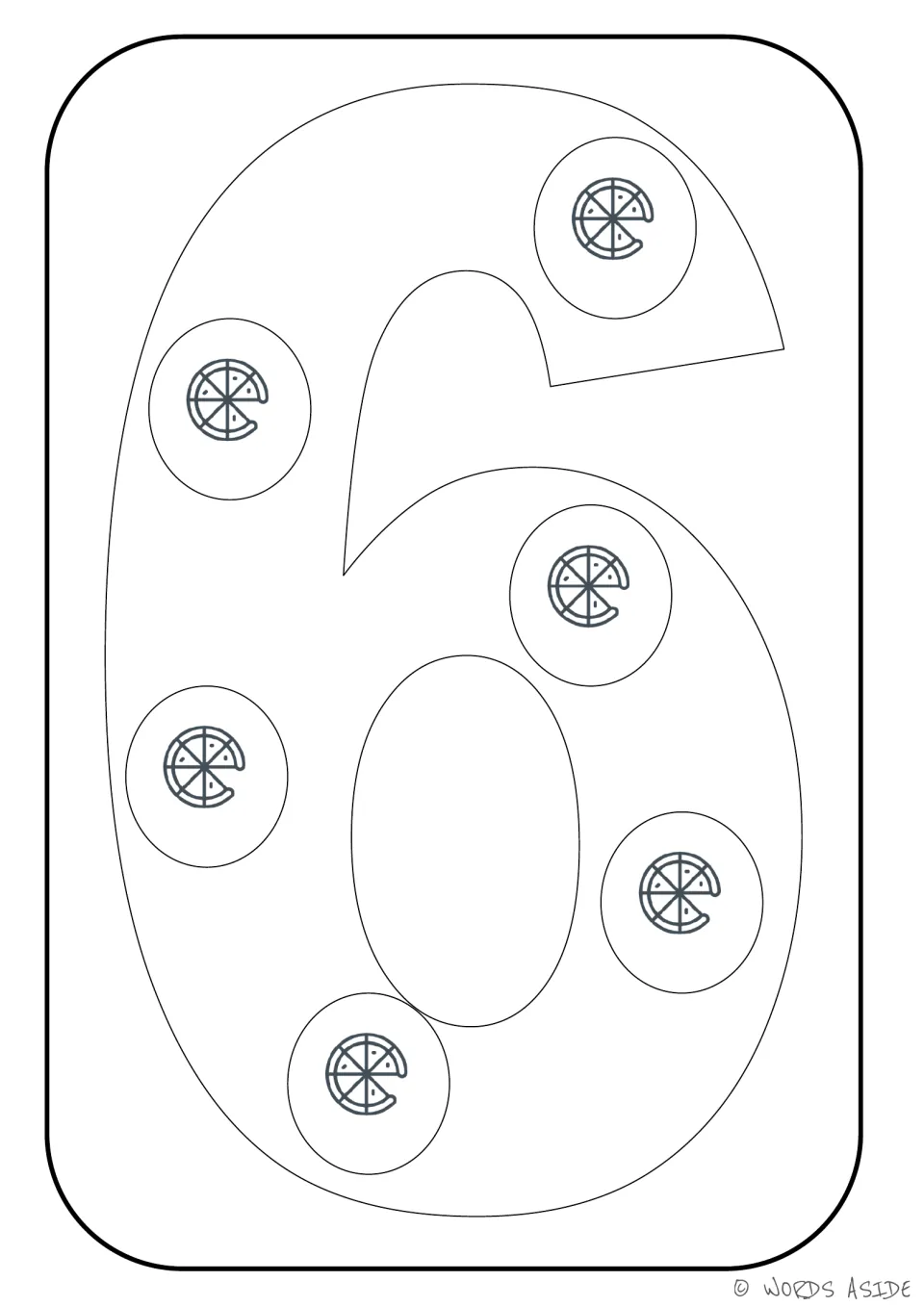 Number representation card 6: large numeral 6 with six pizza pictures to count and color in the 1–9 set.