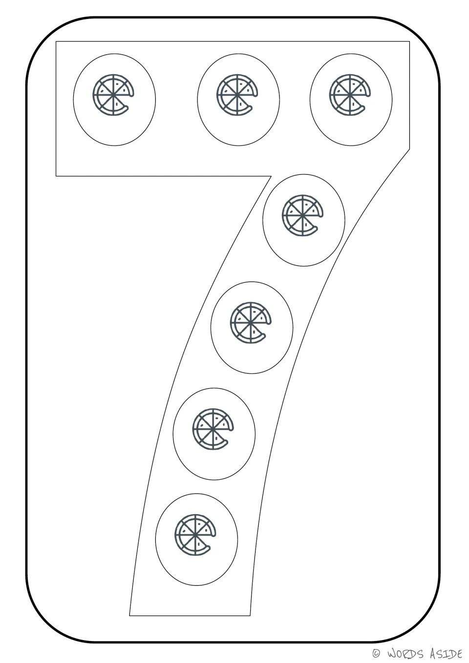 Number representation card 7: large numeral 7 with seven pizza pictures to count and color in the 1–9 set.