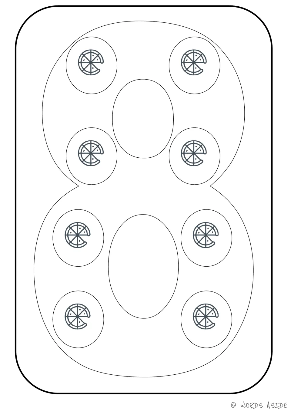 Number representation card 8: large numeral 8 with eight pizza pictures to count and color in the 1–9 set.