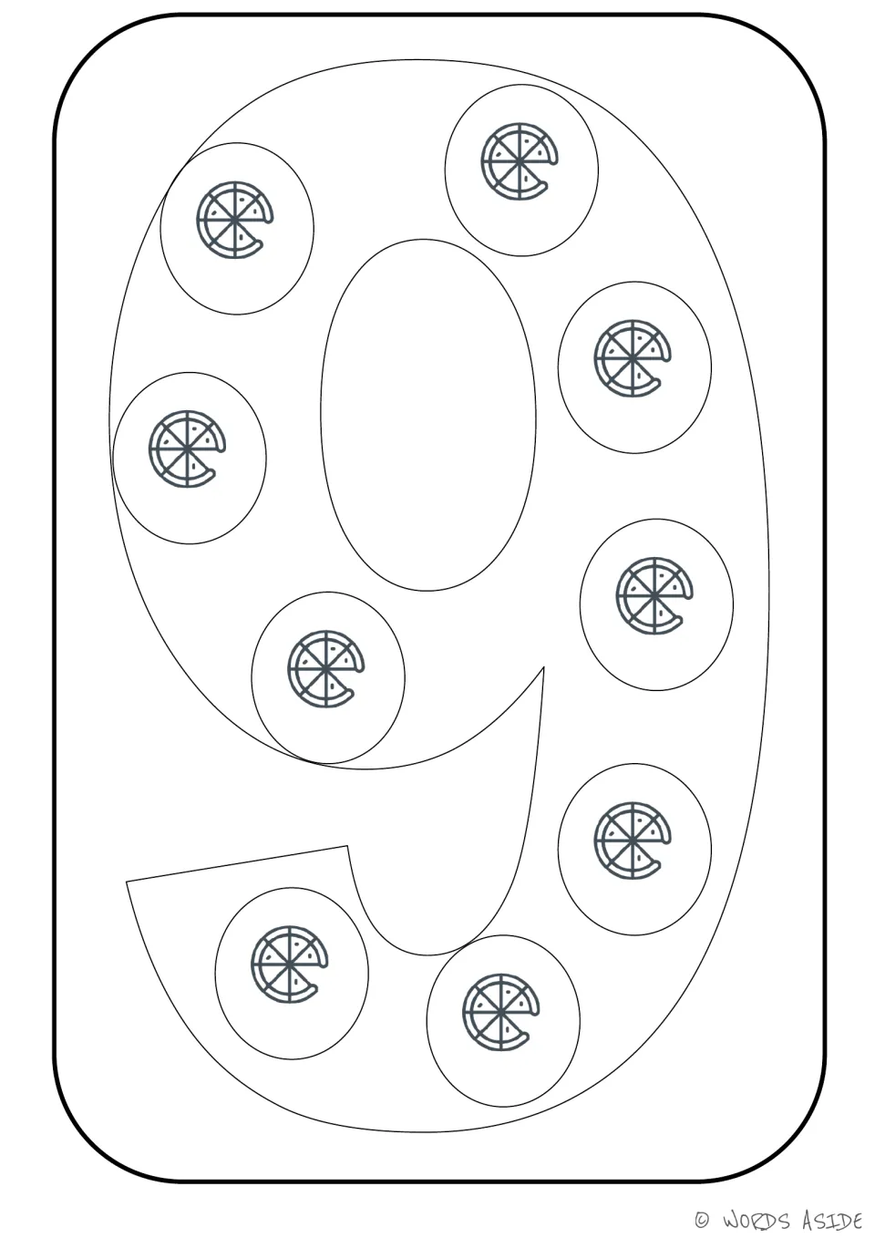 Number representation card 9: large numeral 9 with nine pizza pictures to count and color in the 1–9 set.